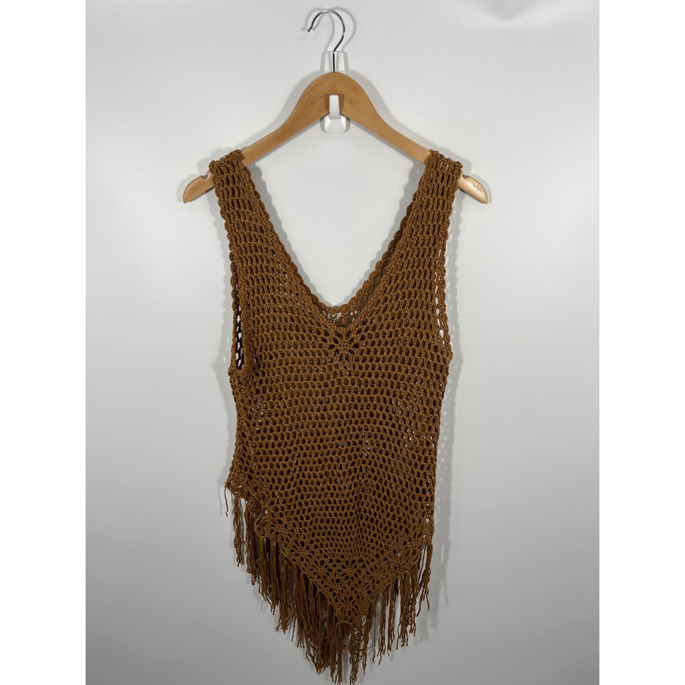 Womens Crochet Mini Dress ONE SIZE Brown Asymmetrical Fringe Western Boho Chic - Picture 2 of 6
